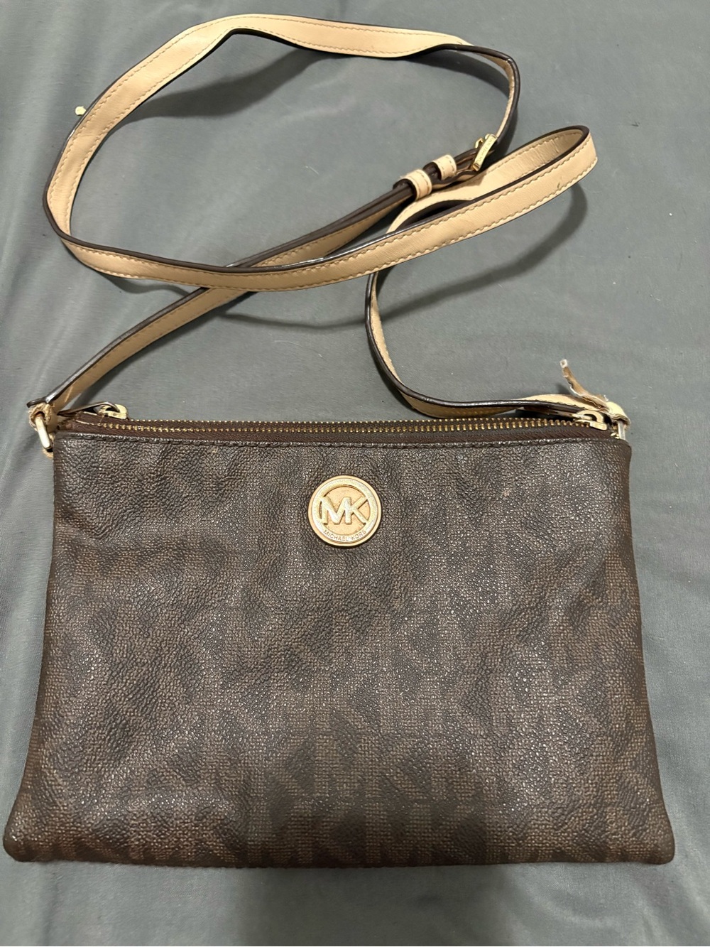 Michael Kors Brown Crossbody with Tan Strap and Gold Logo